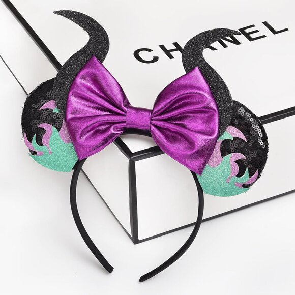 Minnie Mouse Ears Headband, Maleficent Horn Design, Costume Headwear, Purple, On - Picture 2 of 7